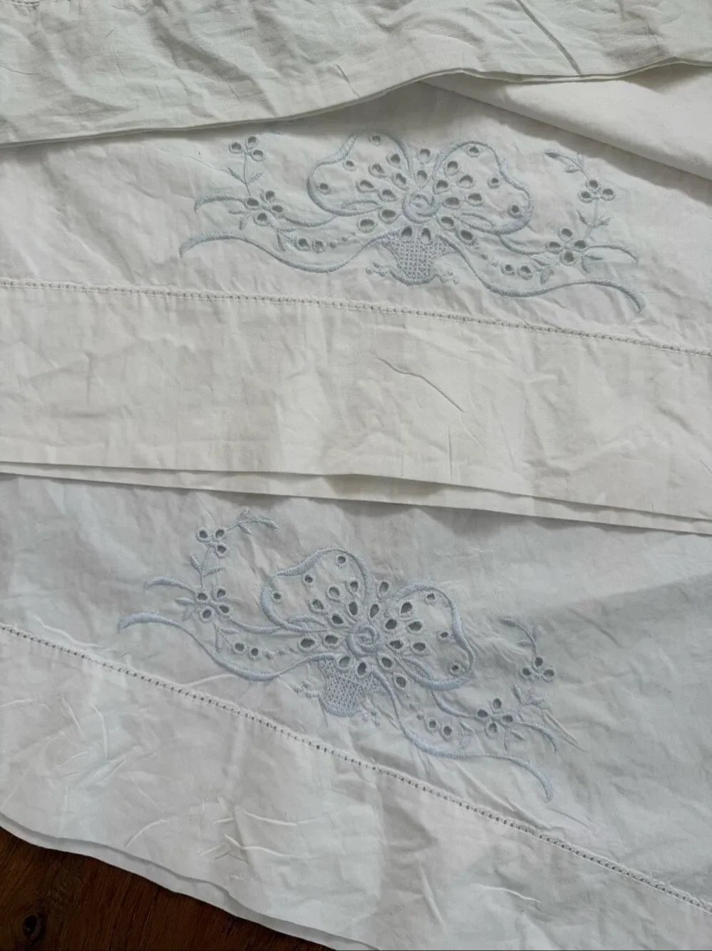 3 Vintage Queen Size Pillowcases Blue Embroidered Hemstitch